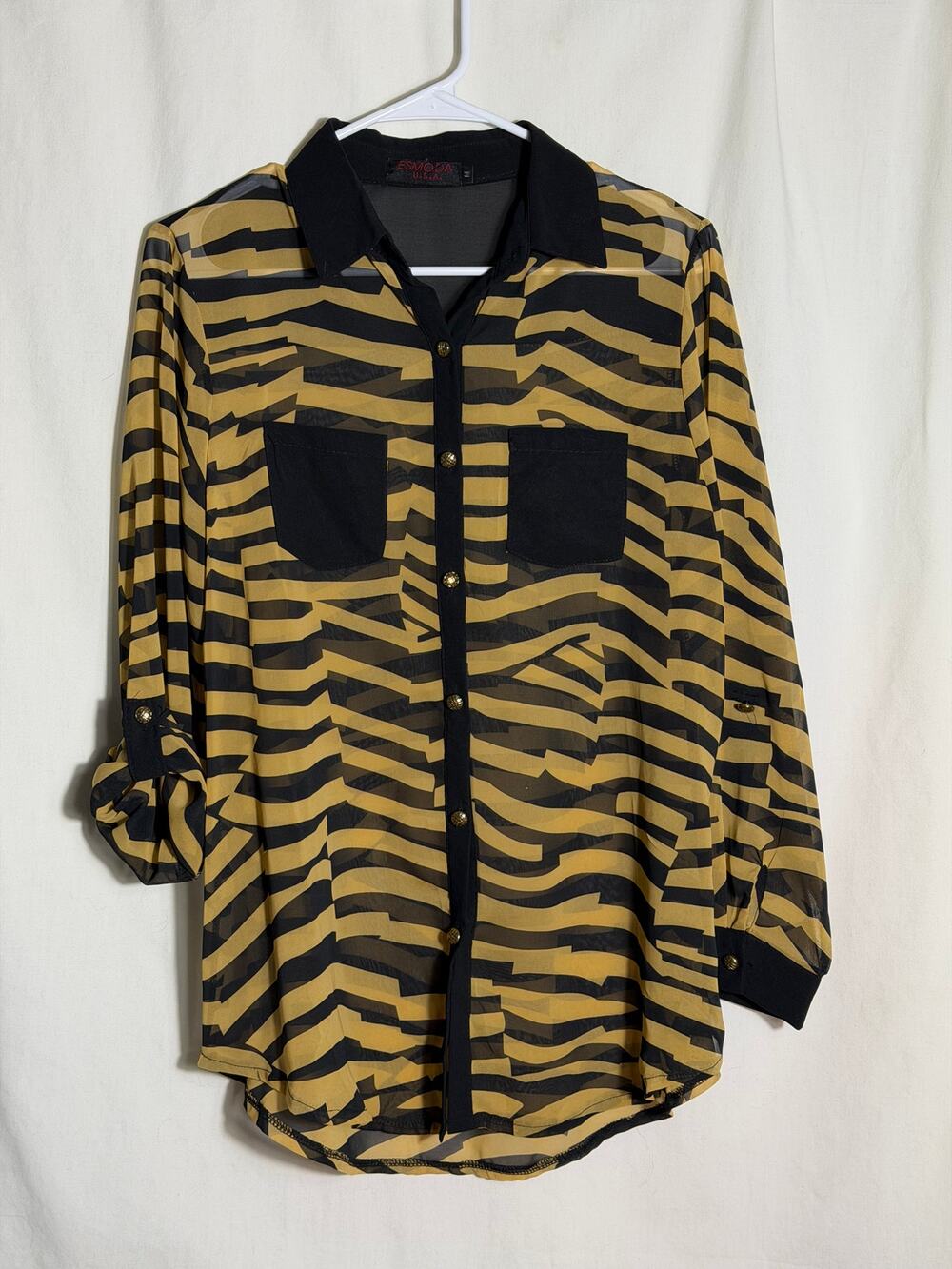 Esmoda USA Zebra Print Blouse Women's Medium Sheer Button Front Animal Print Top